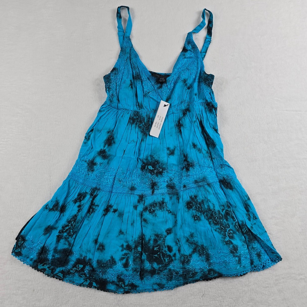 Step In Style Blue Tie Dye Embroidered Boho Mini Dress One Size NEW NWT Straps